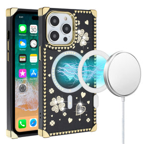 Apple iPhone 15 Pro Max (6.7) Magsafe Diamond Hearts Passion Square Hybrid Case - Black