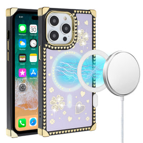 Apple iPhone 15 Pro Max (6.7) Magsafe Diamond Hearts Passion Square Hybrid Case - Purple