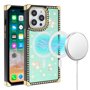 Apple iPhone 15 Pro Max (6.7) Magsafe Diamond Hearts Passion Square Hybrid Case - Teal