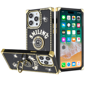 Apple iPhone 15 Plus (6.7) Smiling Diamond Ring Stand Passion Square Hearts Case - Black