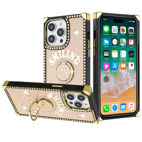 Apple iPhone 12 / 12 Pro (6.1) Smiling Diamond Ring Stand Passion Square Hearts Case - Gold