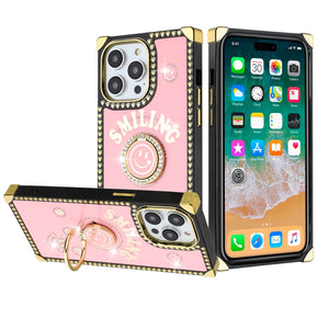 Apple iPhone 12 / 12 Pro (6.1) Smiling Diamond Ring Stand Passion Square Hearts Case - Pink