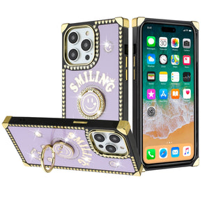 Apple iPhone 15 Pro Max (6.7) Smiling Diamond Ring Stand Passion Square Hearts Case - Purple