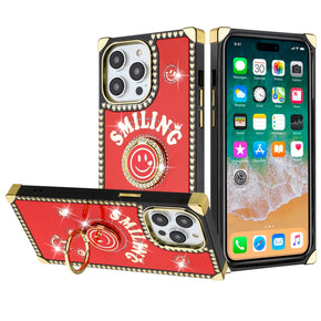 Apple iPhone 15 Pro Max (6.7) Smiling Diamond Ring Stand Passion Square Hearts Case - Red