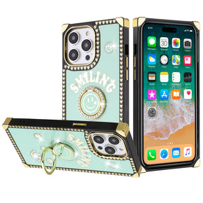 Apple iPhone 15 Pro Max (6.7) Smiling Diamond Ring Stand Passion Square Hearts Case - Teal