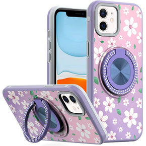 Apple iPhone 11 (6.1) Floral Matte Design Diamond Ring Hybrid Case - B