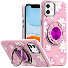 Apple iPhone 11 (6.1) Floral Matte Design Diamond Ring Hybrid Case - D