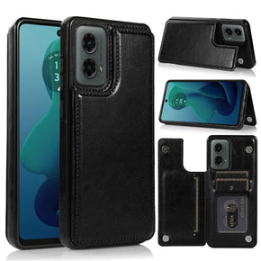 Motorola Moto G 5G (2024) Luxury Card Holder Leather Case (w/ Magnetic Closure) - Black