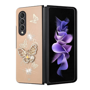 Samsung Galaxy Z Fold5 SPLENDID Engraved Ornaments Diamond Glitter Design Hybrid Case - Garden Butterflies / Gold