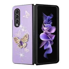 Samsung Galaxy Z Fold5 SPLENDID Engraved Ornaments Diamond Glitter Design Hybrid Case - Garden Butterflies / Purple
