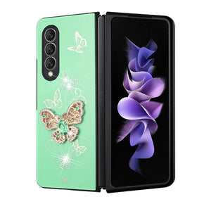 Samsung Galaxy Z Fold5 SPLENDID Engraved Ornaments Diamond Glitter Design Hybrid Case - Garden Butterflies / Teal