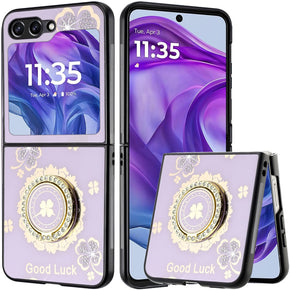 Motorola Moto RAZR (2024) SPLENDID Engraved Ornaments Diamond Glitter Design Hybrid Case (with Ring Stand) - Clover / Purple