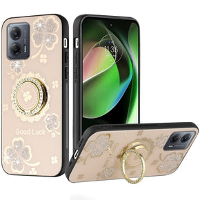 Motorola Moto G Stylus 5G (2023) SPLENDID Engraved Ornaments Diamond Glitter Design Hybrid Case (w/ Ring Stand) - Clover Ring / Gold