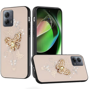 Motorola Moto G Stylus 5G (2023) SPLENDID Engraved Ornaments Diamond Glitter Design Hybrid Case - Garden Butterflies/Gold