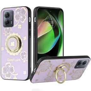 Motorola Moto G Stylus 5G (2023) SPLENDID Engraved Ornaments Diamond Glitter Design Hybrid Case (w/ Ring Stand) - Clover Ring / Purple