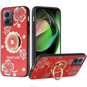 Motorola Moto G Stylus 5G (2023) SPLENDID Engraved Ornaments Diamond Glitter Design Hybrid Case (w/ Ring Stand) - Clover/Red