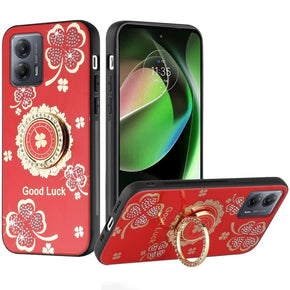 Motorola Moto G Power 5G (2024) SPLENDID Engraved Ornaments Diamond Glitter Design Hybrid Case (w/ Ring Stand) - Clover / Red