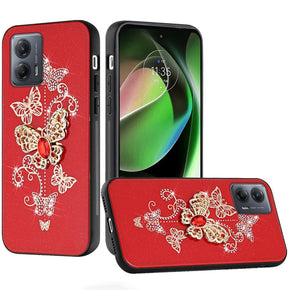 Motorola Moto G Stylus 5G (2023) SPLENDID Engraved Ornaments Diamond Glitter Design Hybrid Case - Garden Butterflies/Red