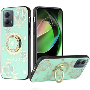 Motorola Moto G 5G (2023) SPLENDID Engraved Ornaments Diamond Glitter Design Hybrid Case (w/ Ring Stand) - Clover / Teal