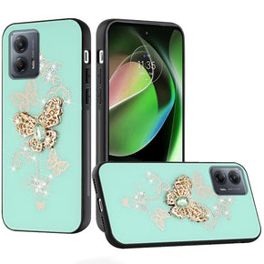 Motorola Moto G Power 5G (2024) SPLENDID Engraved Ornaments Diamond Glitter Design Hybrid Case - Garden Butterflies/Teal
