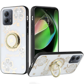 Motorola Moto G 5G (2023) SPLENDID Engraved Ornaments Diamond Glitter Design Hybrid Case (w/ Ring Stand) - Clover / White