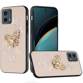 Motorola Moto G 5G (2024) SPLENDID Engraved Ornaments Diamond Glitter Design Hybrid Case - Garden Butterflies/Gold