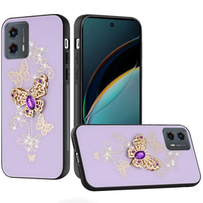 Motorola Moto G 5G (2024) SPLENDID Engraved Ornaments Diamond Glitter Design Hybrid Case - Garden Butterflies/Purple