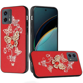 Motorola Moto G 5G (2024) SPLENDID Engraved Ornaments Diamond Glitter Design Hybrid Case - Garden Butterflies/Red