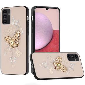 Samsung Galaxy A15 5G SPLENDID Engraved Ornaments Diamond Glitter Design Hybrid Case - Garden Butterflies / Gold