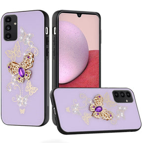 Samsung Galaxy A15 5G SPLENDID Engraved Ornaments Diamond Glitter Design Hybrid Case - Garden Butterflies / Purple