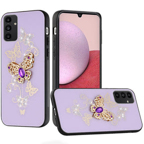 Samsung Galaxy A14 5G SPLENDID Engraved Ornaments Diamond Glitter Design Hybrid Case - Garden Butterflies / Purple