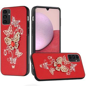 Samsung Galaxy A14 5G SPLENDID Engraved Ornaments Diamond Glitter Design Hybrid Case - Garden Butterflies / Red