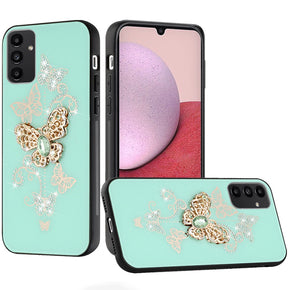 Samsung Galaxy A14 5G SPLENDID Engraved Ornaments Diamond Glitter Design Hybrid Case - Garden Butterflies / Teal