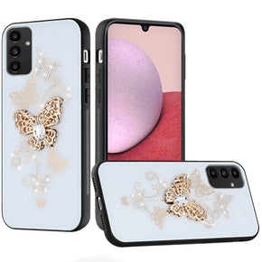 Samsung Galaxy A14 5G SPLENDID Engraved Ornaments Diamond Glitter Design Hybrid Case - Garden Butterflies / White