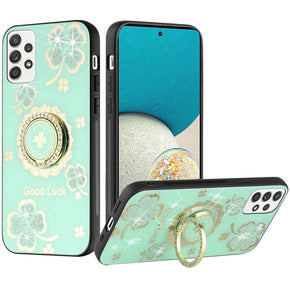 Samsung Galaxy A25 5G SPLENDID Engraved Ornaments Diamond Glitter Design Hybrid Case (w/ Ring Stand) - Clover Ring/Teal
