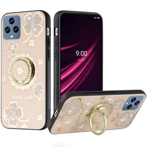 T-Mobile REVVL 6 5G SPLENDID Engraved Ornaments Diamond Glitter Design Hybrid Case (w/ Ring Stand) - Clover / Gold