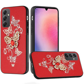 Samsung Galaxy A25 5G SPLENDID Engraved Ornaments Diamond Glitter Design Hybrid Case - Garden Butterflies / Red