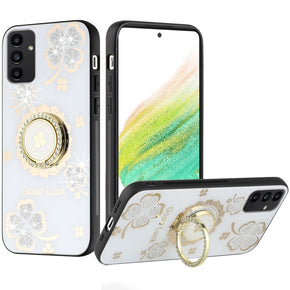 Samsung Galaxy A54 5G SPLENDID Engraved Ornaments Diamond Glitter Design Hybrid Case - Clover Ring/White