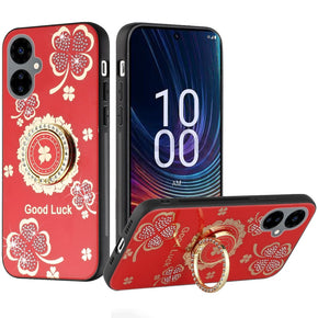 Boost Celero 3 5G Plus (2024) SPLENDID Engraved Ornaments Diamond Glitter Design Hybrid Case (w/ Ring Stand) - Clover / Red