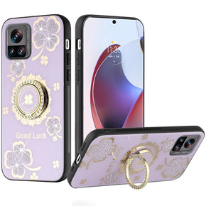 Motorola Moto Edge Plus (2023) SPLENDID Engraved Ornaments Diamond Glitter Design Hybrid Case (w/ Ring Stand) - Clover/Purple