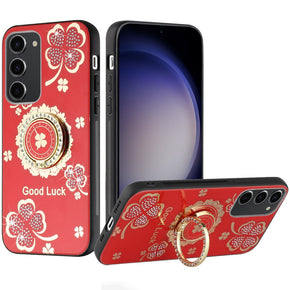 Samsung Galaxy S23 FE SPLENDID Engraved Ornaments Diamond Glitter Design Hybrid Case (w/ Ring Stand) - Clover Ring/Red