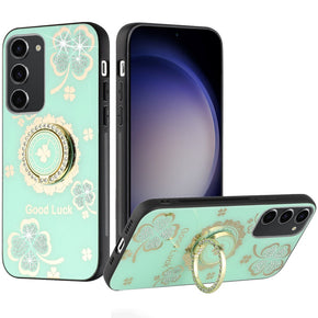 Samsung Galaxy S23 FE SPLENDID Engraved Ornaments Diamond Glitter Design Hybrid Case (w/ Ring Stand) - Clover Ring/Teal