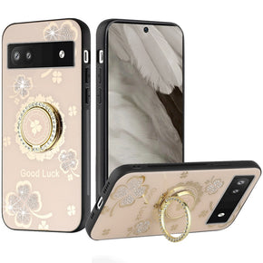 Google Pixel 7a SPLENDID Engraved Ornaments Diamond Glitter Design Hybrid Case (w/ Ring Stand) - Clover / Gold