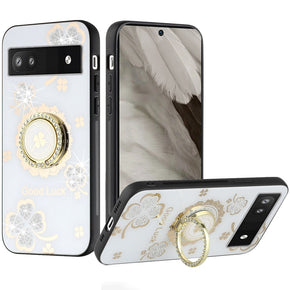 Google Pixel 8 Pro SPLENDID Engraved Ornaments Diamond Glitter Design Hybrid Case (w/ Ring Stand) - Clover / White