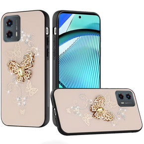 Motorola Moto G Power 5G (2024) SPLENDID Engraved Ornaments Diamond Glitter Design Hybrid Case - Garden Butterflies / Gold