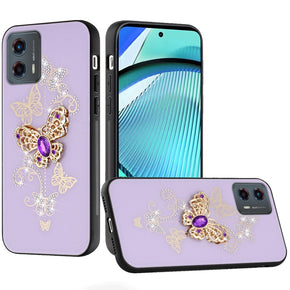 Motorola Moto G Power 5G (2024) SPLENDID Engraved Ornaments Diamond Glitter Design Hybrid Case - Garden Butterflies / Purple