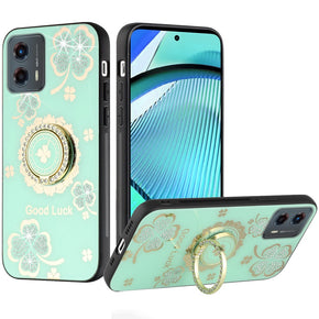 Motorola Moto G Power 5G (2024) SPLENDID Engraved Ornaments Diamond Glitter Design Hybrid Case (w/ Ring Stand) - Clover / Teal