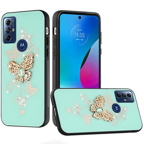 Motorola Moto G Play (2023) SPLENDID Engraved Ornaments Diamond Glitter Design Hybrid Case - Garden Butterflies/Teal