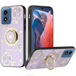 Motorola Moto G Play (2024) SPLENDID Engraved Ornaments Diamond Glitter Design Hybrid Case (w/ Ring Stand) - Clover / Purple