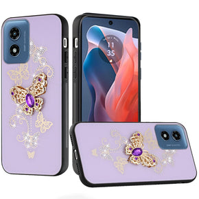 Motorola Moto G Play (2024) SPLENDID Engraved Ornaments Diamond Glitter Design Hybrid Case - Garden Butterflies/Purple